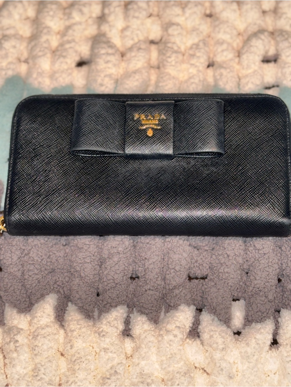 Prada Saffiano Fiocco Bow Zip-Around Long Continental Wallet - Black AS IS